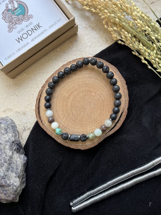 Bransoletka Zodiak Wodnik Unisex Lazuri – akwamaryn i obsydian śnieżny.