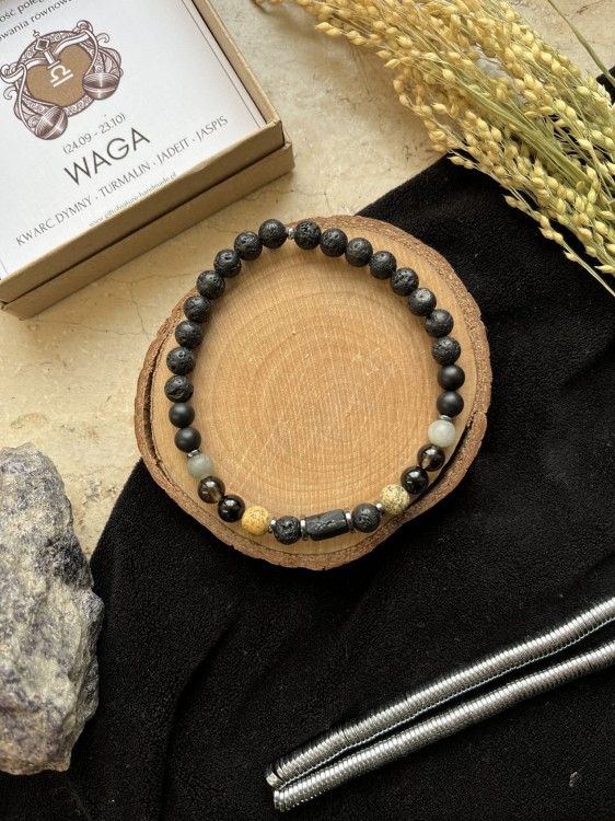 Bransoletka Zodiak Waga Unisex Lazuri – jadeit, jaspis i kwarc dymny.