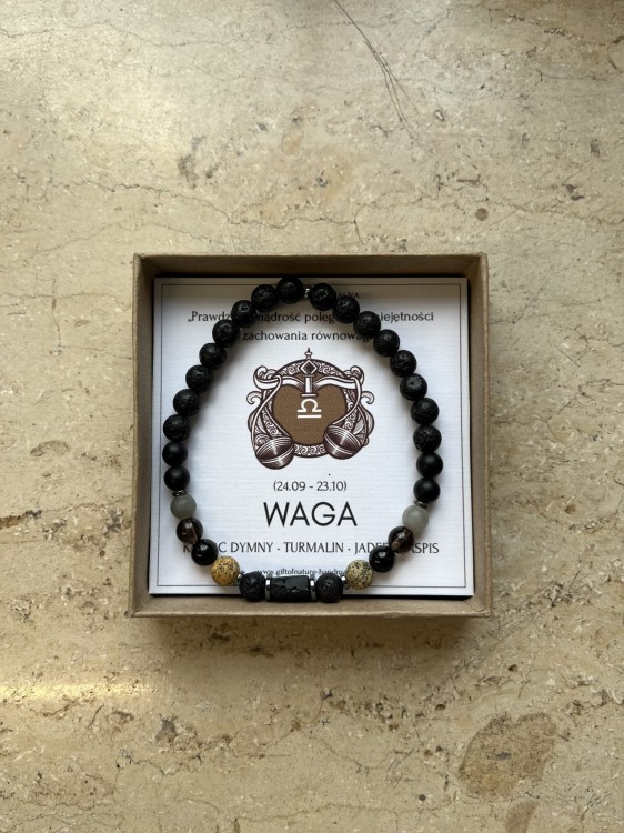 ZODIAK UNISEX WAGABeżowy jaspis krajobrazowy i zielony jadeit – detale bransoletki dla Wagi.