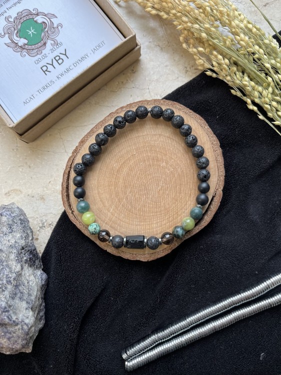 Bransoletka Zodiak Ryby Unisex Lazuri – kwarc dymny, jadeit i agat mszysty.