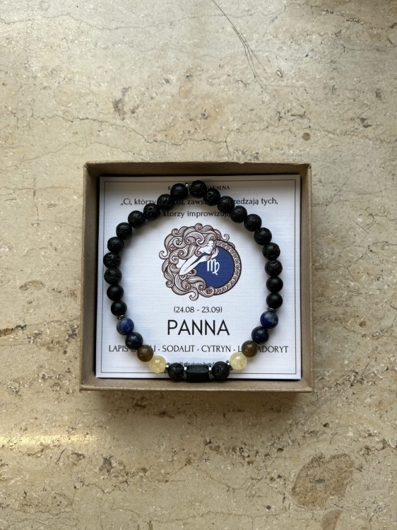 Głęboki błękit lapis lazuli i słoneczny cytryn – detale bransoletki dla Panny.