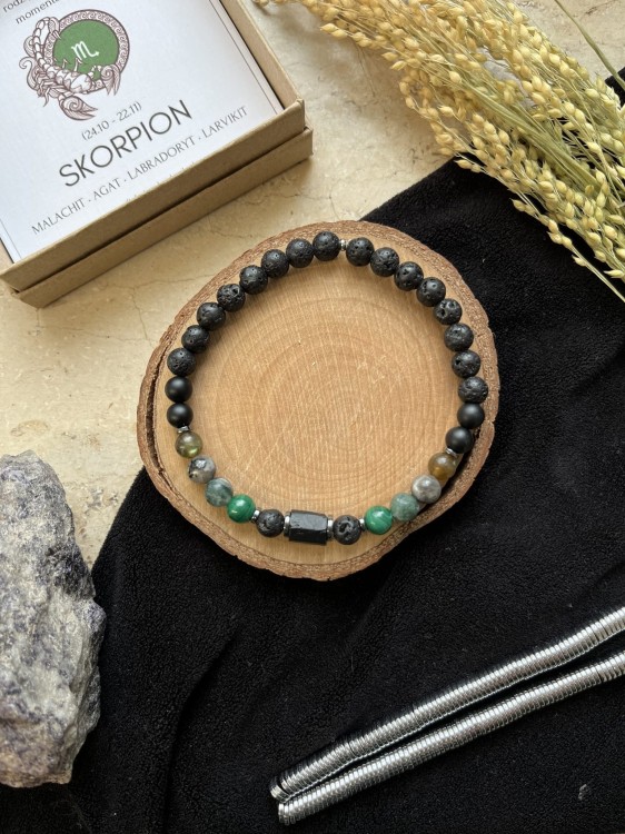 Bransoletka Zodiak Skorpion Unisex Lazuri – malachit, labradoryt i larvikit.