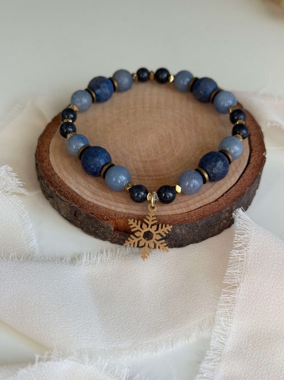Bransoletka MROŹNA NOC handmade z naturalnych kamieni – wariant złoty