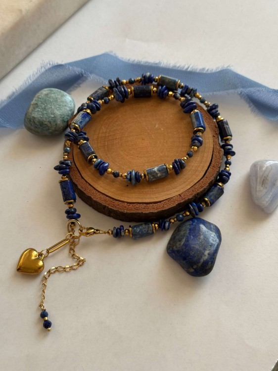 Naszyjnik handmade z dużych kamieni lapis lazuli i stali chirurgicznej
