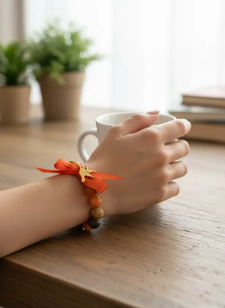 Biżuteria handmade w kolorach pomarańczu i brązu z motywem kolibra ze stali chirurgicznej.