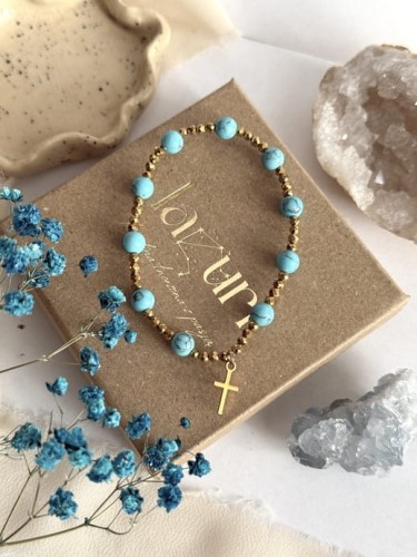 Turkusowa bransoletka dziesiątka różańca ROSARY od Lazuri – kamień syntetyczny i złoto.