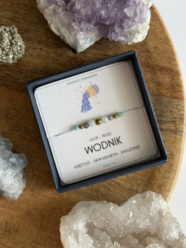 Bransoletka ZODIAKARA Wodnik z kamieni naturalnych – ametyst, amazonit, akwamaryn i złoty hematyt, biżuteria handmade