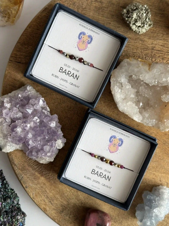Zestaw bransoletek ZODIAKARA Baran – jaspis, granat, rubin i hematyt w dwóch wariantach kolorystycznych, ręcznie robiona biżuteria