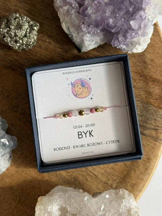 Ręcznie robiona bransoletka ZODIAKARA Byk z kwarcem różowym, rodonitem, cytrynem i złotym hematytem – astrologiczna biżuteria handmade.