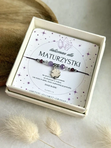 Bransoletka na fioletowym sznurku z kamieniami naturalnymi wspierającymi naukę