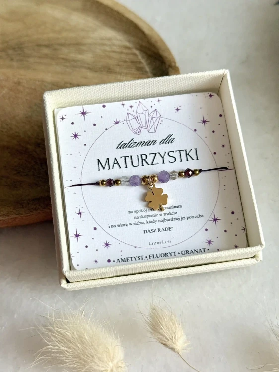 Prezent dla maturzystki talizman z kamieni ametyst fluoryt granat wersja złota