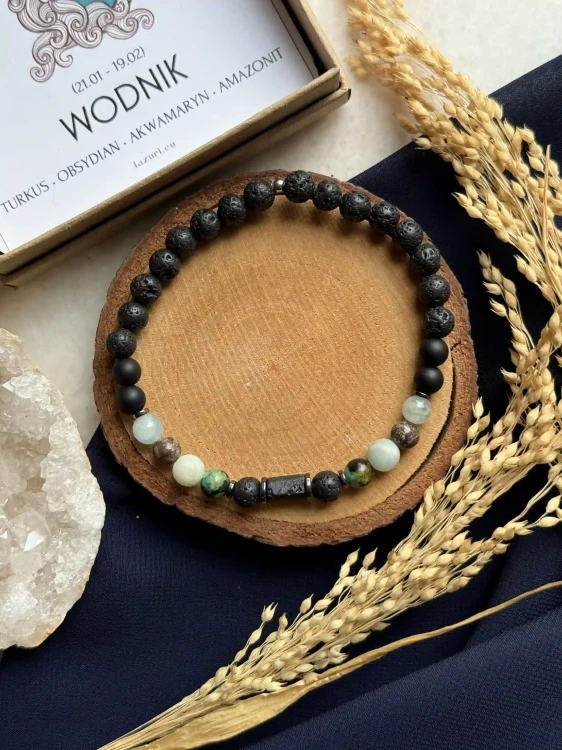 Męska Bransoletka Zodiakalna dla Wodnika Unisex Lazuri – akwamaryn i obsydian śnieżny.