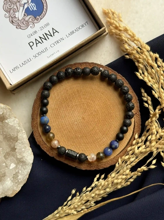 Głęboki błękit lapis lazuli i słoneczny cytryn – detale bransoletki dla Panny.