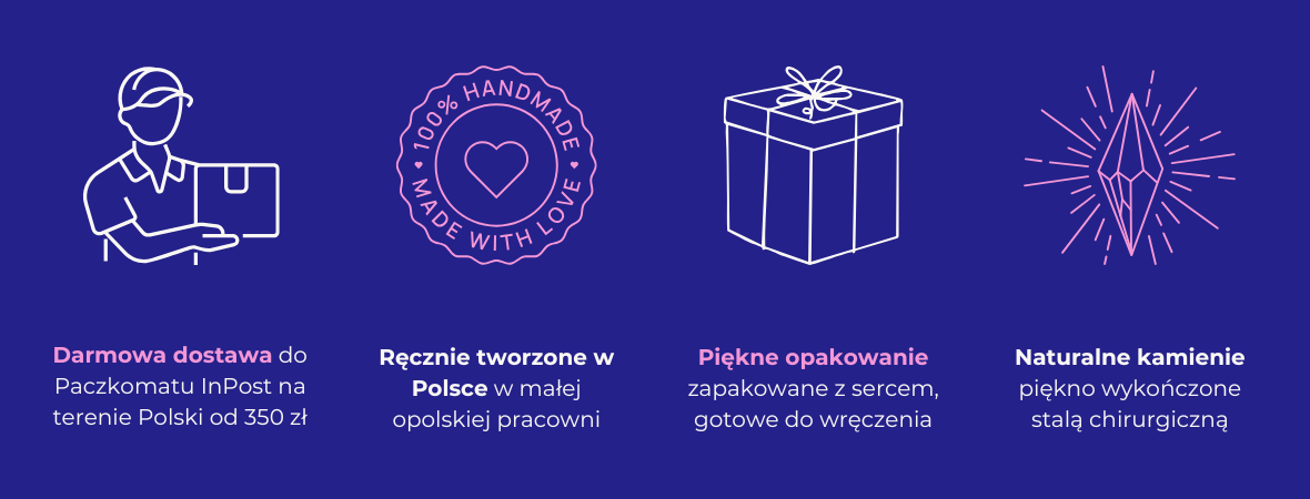 Baner sklepu Lazuri informujący o darmowej dostawie InPost, biżuterii handmade z Polski, ozdobnym opakowaniu i naturalnych kamieniach wykończonych stalą chirurgiczną.